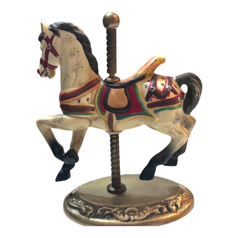 Vintage Hand-Painted Ceramic Carousel Horse Brass Stand Adjustable Pole